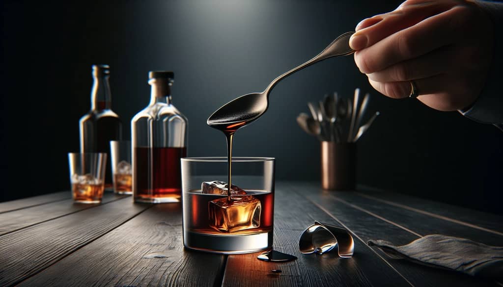 Dark agave syrup pouring into a spoon above a brown cocktail in a rocks glass