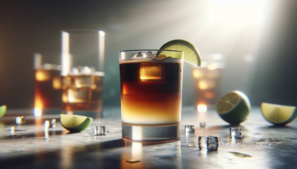 dark and stormy cocktail in highball glass with lime wedge