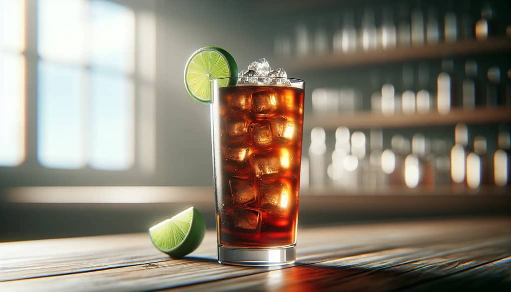 cóctel de ron oscuro y ginger ale en un vaso highball con rodaja de lima