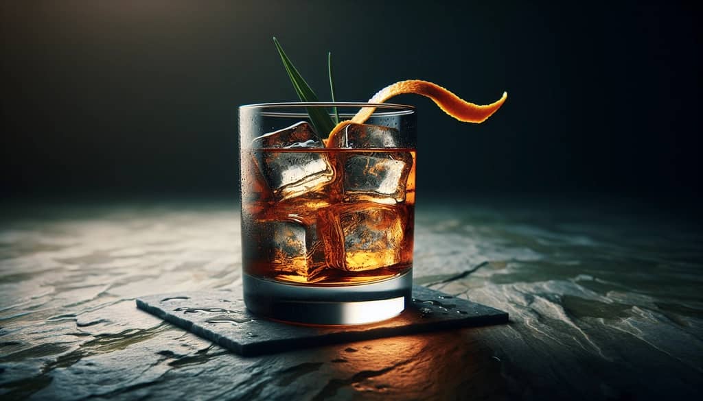 dark rum ginger ale cocktail with orange peel and ice