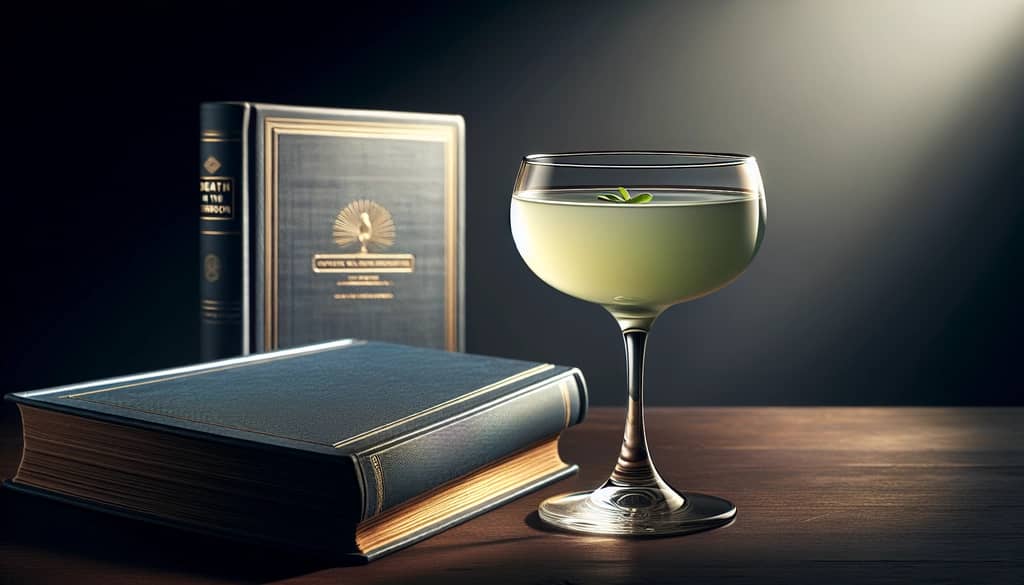 death in the afternoon cocktail on wooden bar with book
