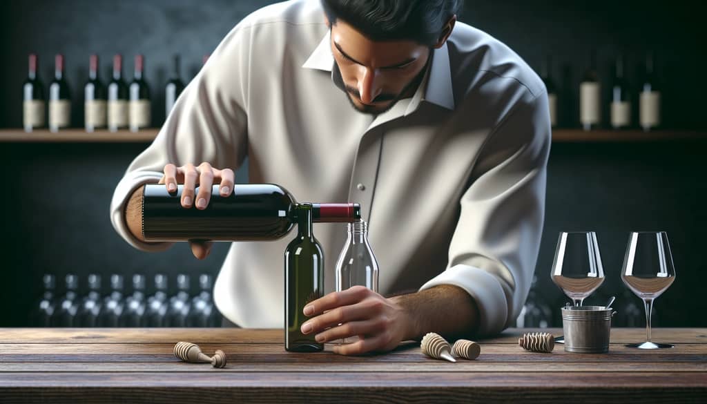 bartender pouring wine into a small screwcap bottle for storage