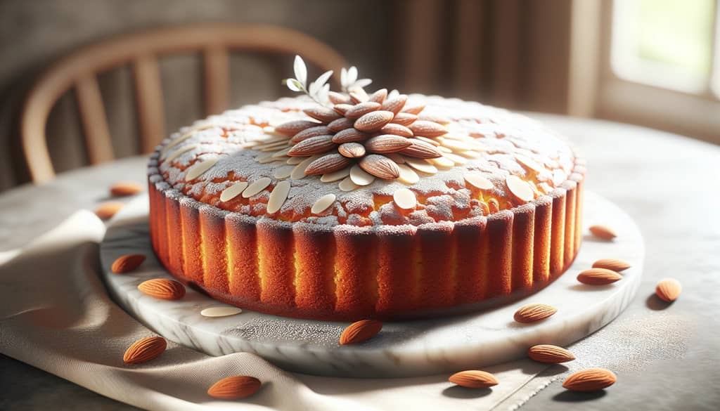 Pastel de café Amaretto decorado con azúcar glas y almendras