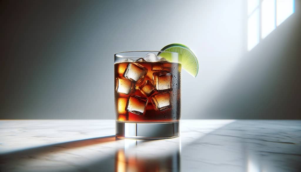rum and diet cola cocktail with lime garnish