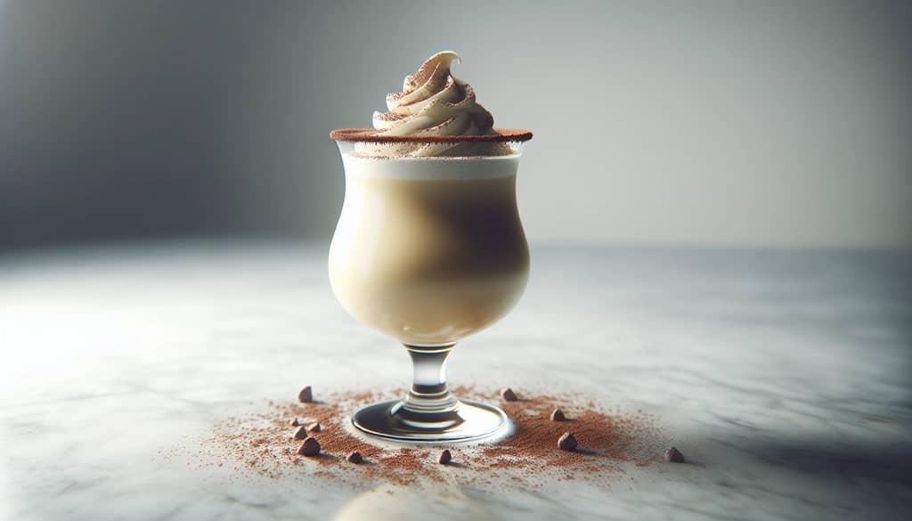 dirty banana cocktail as a dessert with whipped cream and cocoa dusting