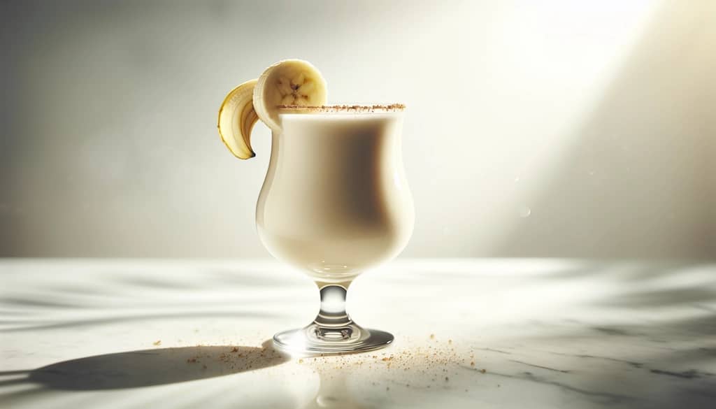 dirty banana cocktail with banana garnish on marble