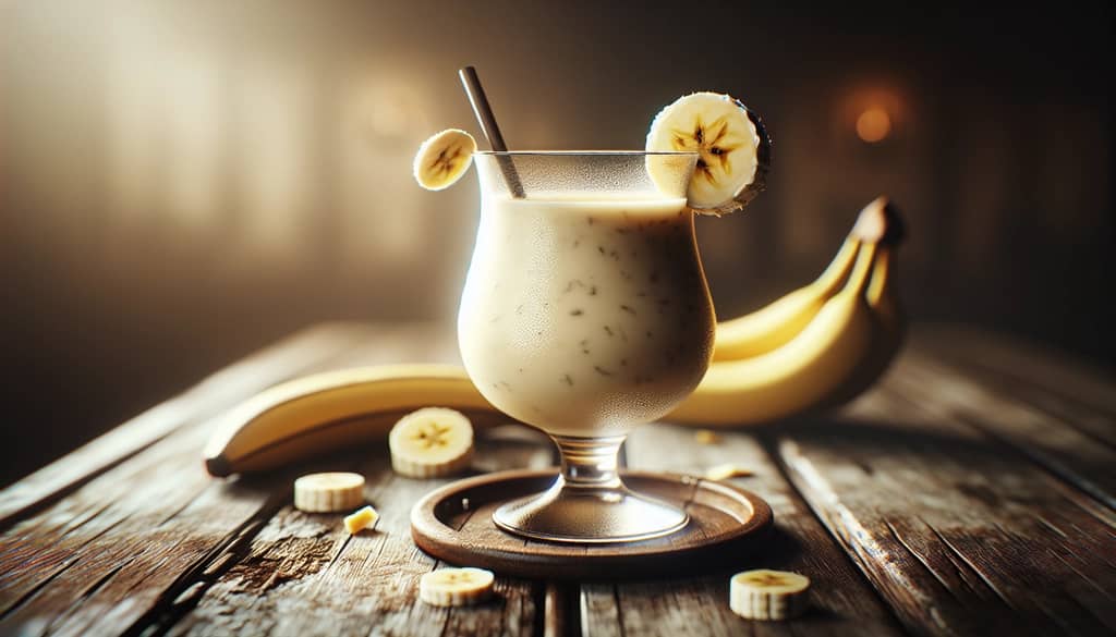 cóctel banana sucio en vaso huracán sobre mesa de madera con decoración de banana