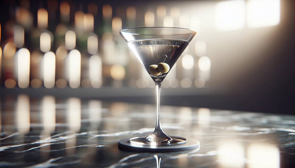 dirty martini with olive on bar