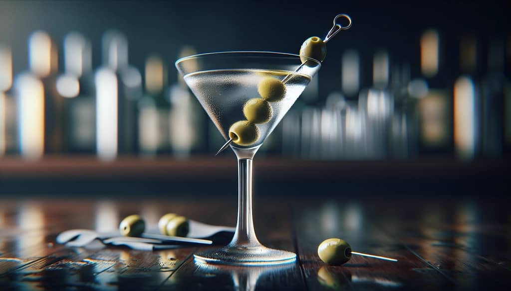 classic dirty martini cocktail with olive garnish
