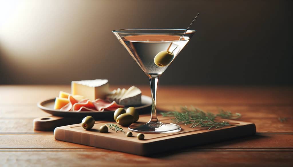 Dirty martini with olives paired with cheese and charcuterie