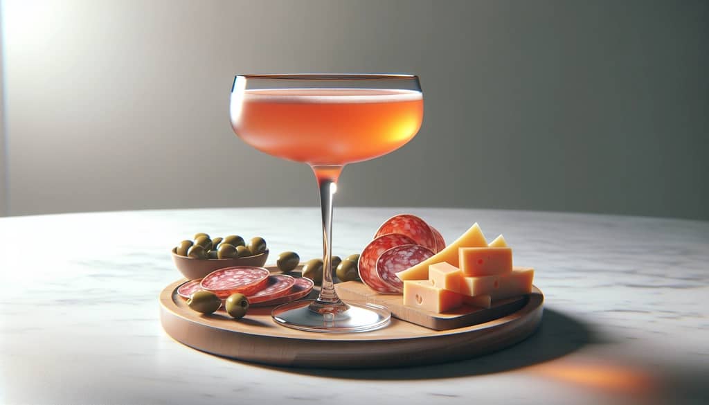 division bell cocktail beside charcuterie platter