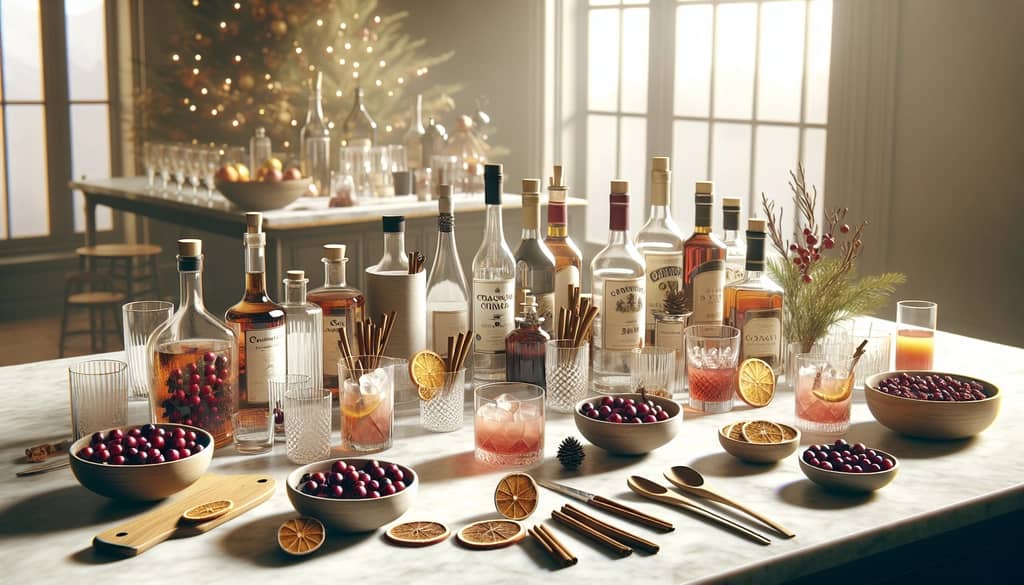 festive DIY cocktail station with spirits and garnishes