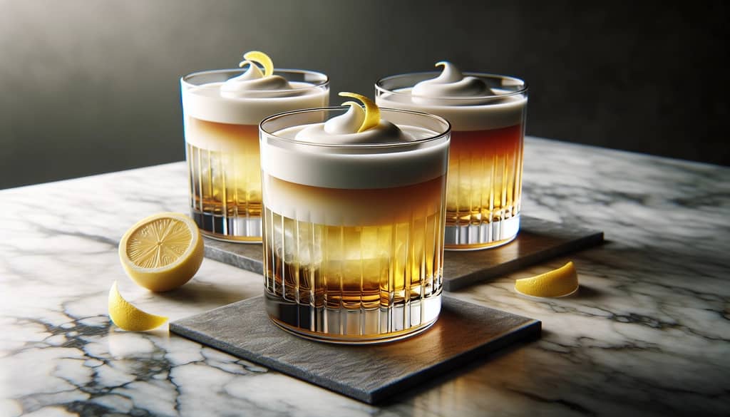 two whiskey sour cocktails with egg white side by side