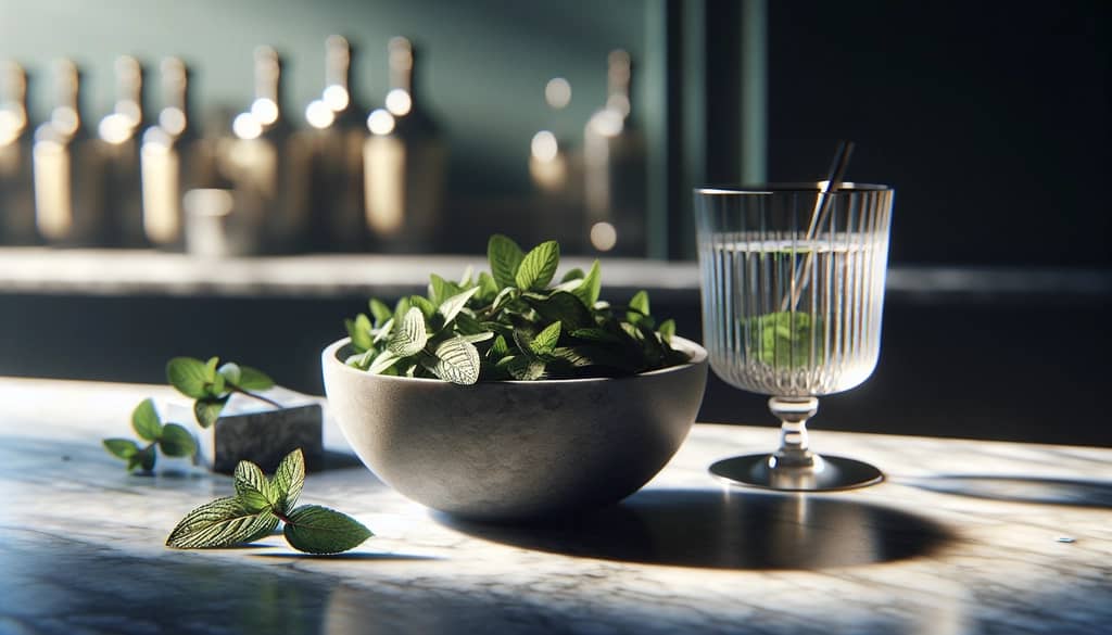 dried mint leaves in a small bowl next to a cocktail