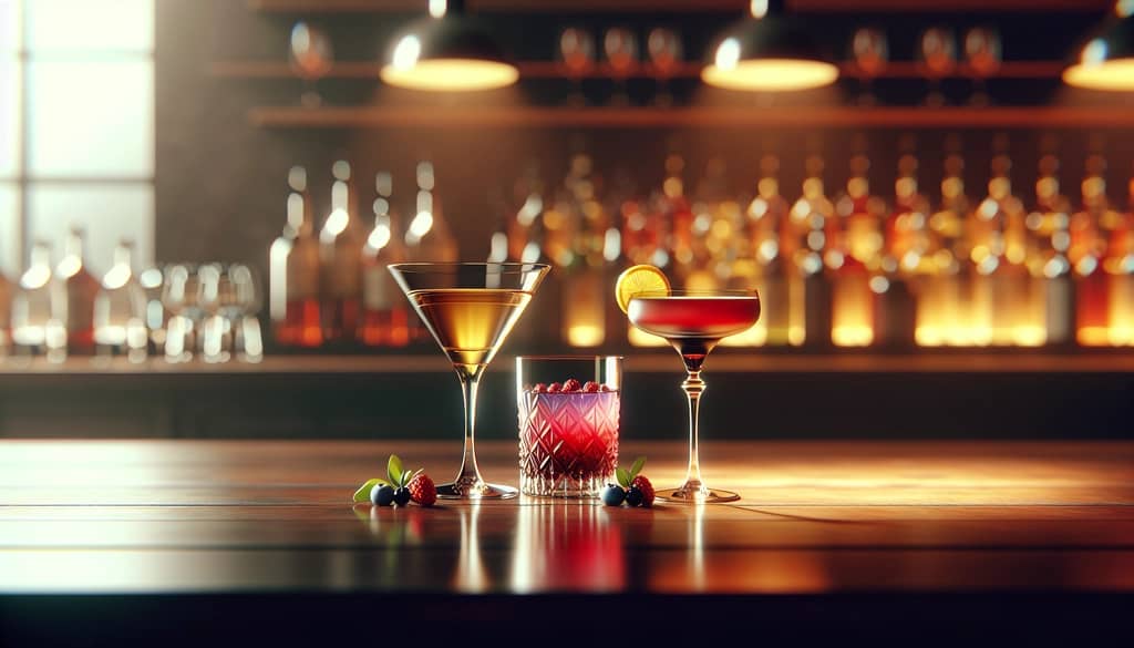 selection of dry and sweet cocktails on a bar counter
