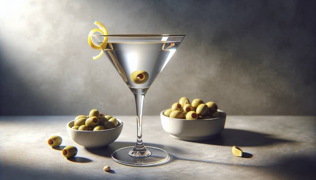 dry cocktail served with olives and nuts