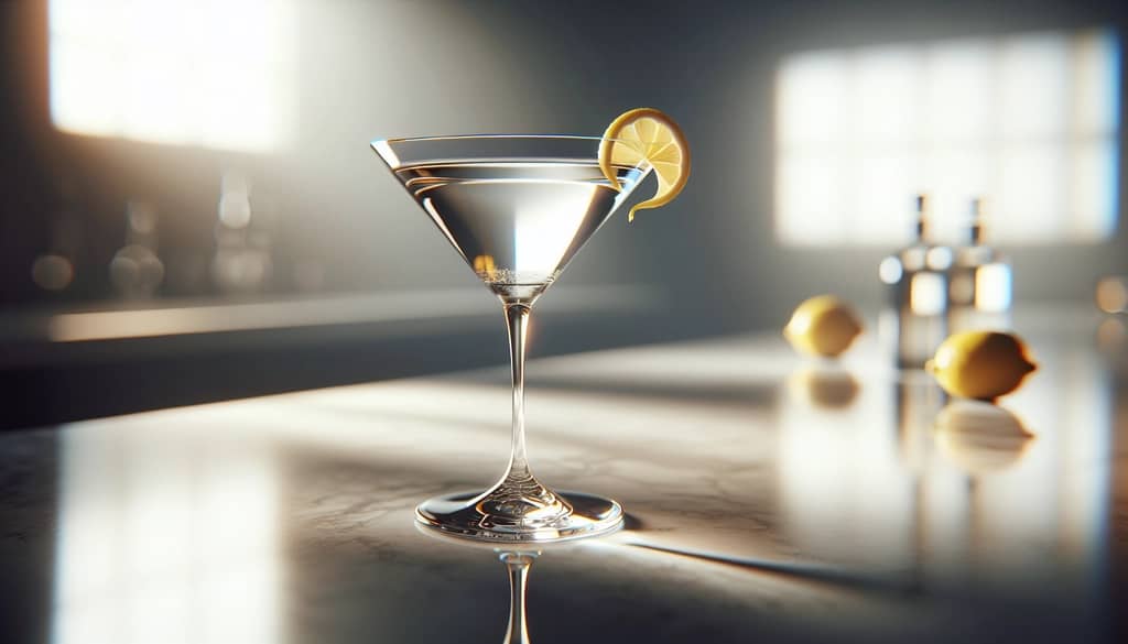 cóctel dry martini en copa coupe con toque de limón