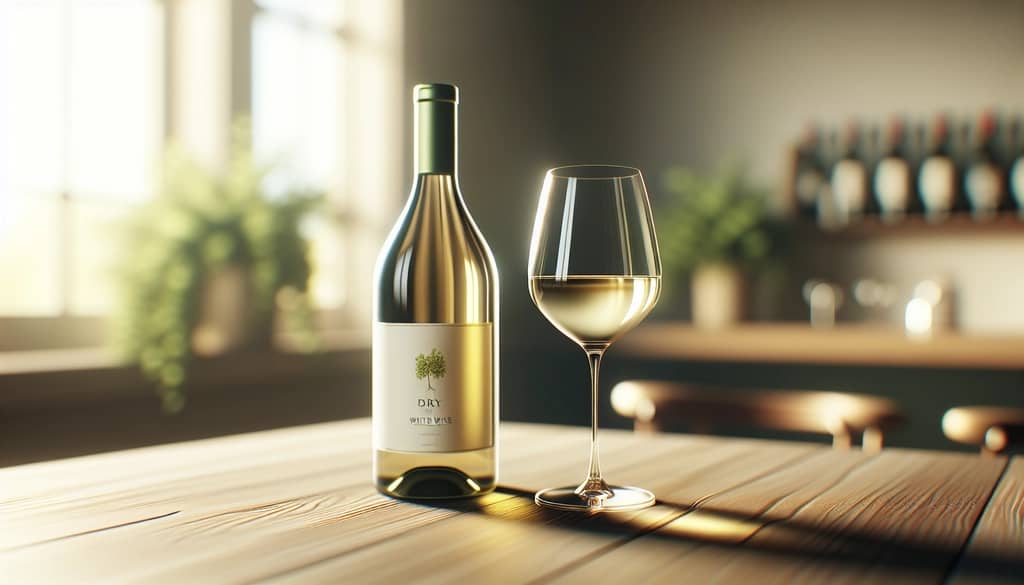 bottle of dry white wine beside filled glass