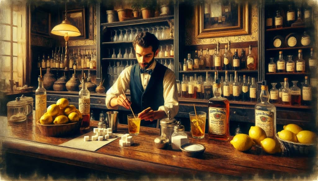 historic bartending scene with early whiskey sour ingredients