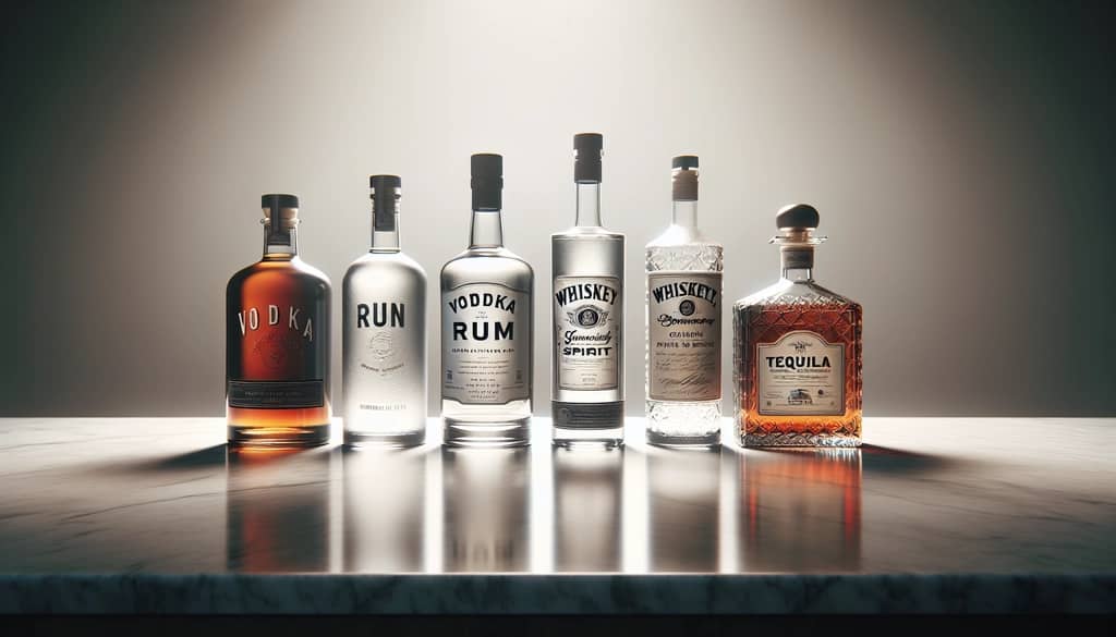 botellas de vodka, ron, ginebra, whisky y tequila alineadas en el bar