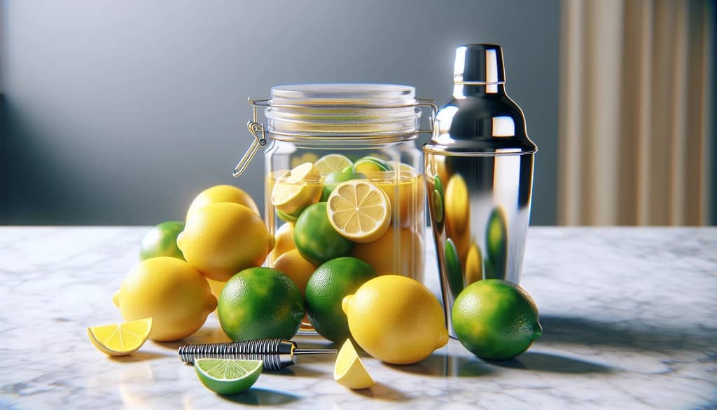 fresh citrus fruits and simple syrup next to cocktail shaker