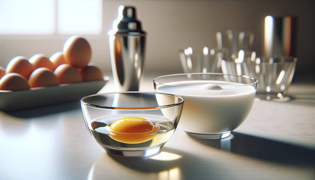 cracked egg with separated white and yolk in ramekins
