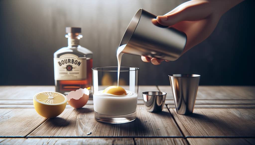 egg white being added to cocktail shaker for whiskey sour