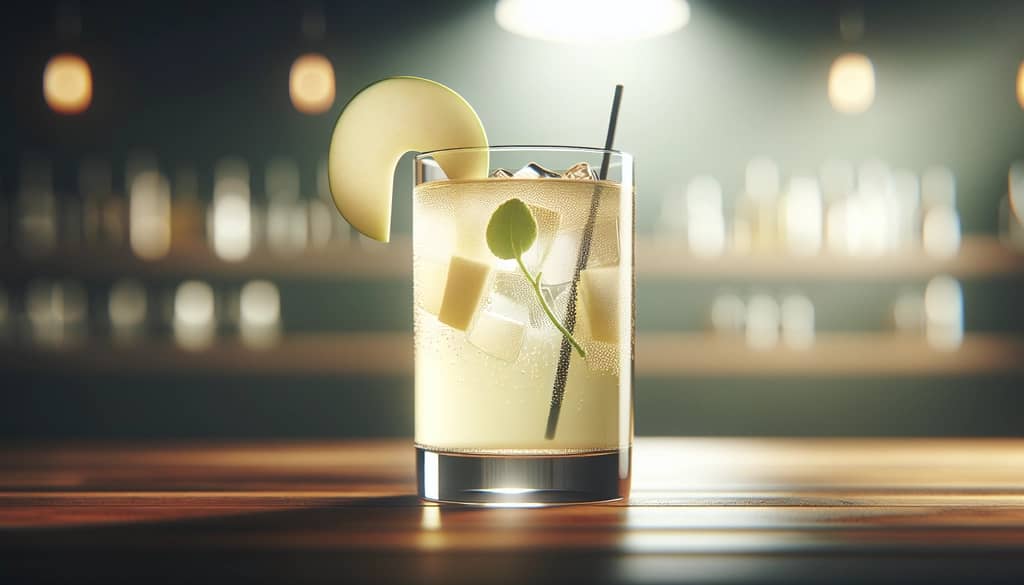 elderflower apple fizz mocktail in a highball glass with apple slice