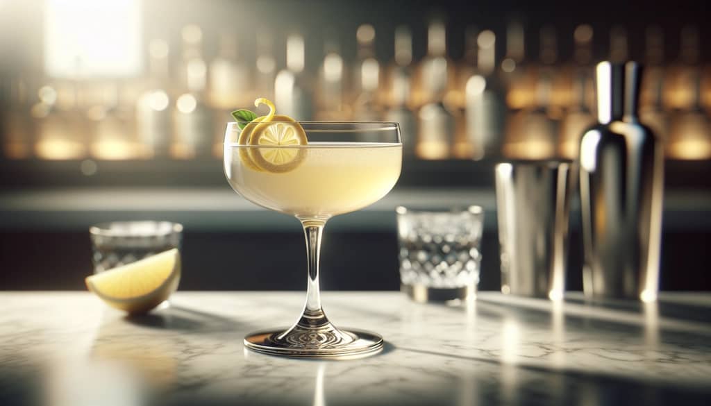 cocktail with elderflower syrup and lemon twist