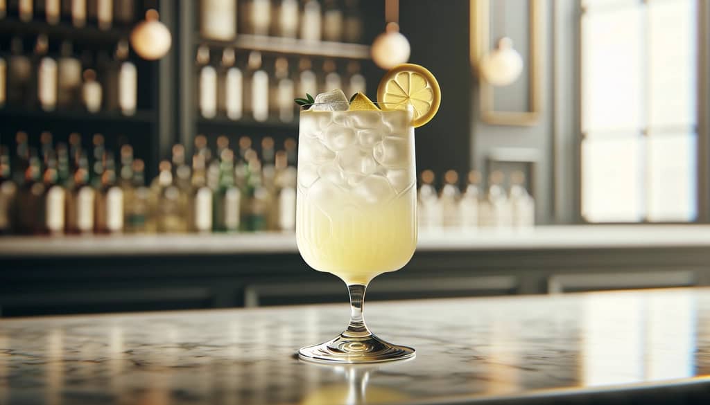 Ein Glas Elderflower Collins Cocktail mit Zitronenscheibe und Eis