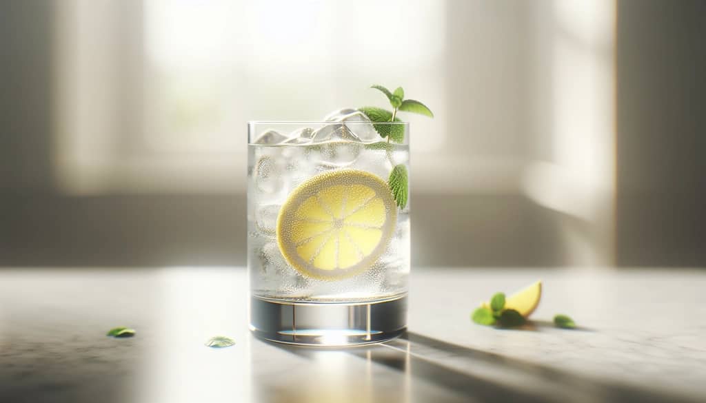 cocktail with gin, elderflower syrup, lemon, and soda in a collins glass