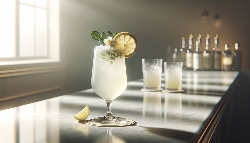 cóctel floral elderflower collins en vaso highball