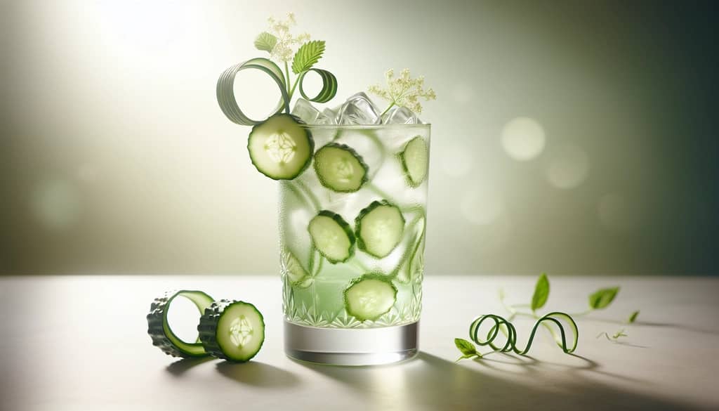 elderflower and cucumber cooler mocktail with cucumber ribbon