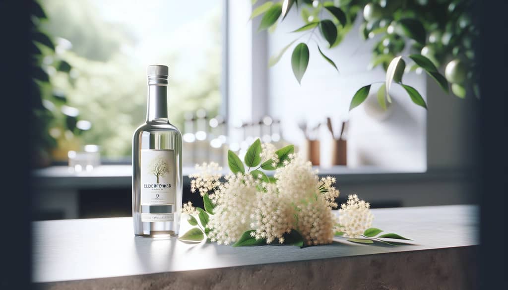 elderflower liqueur bottle with fresh elderflowers on a counter