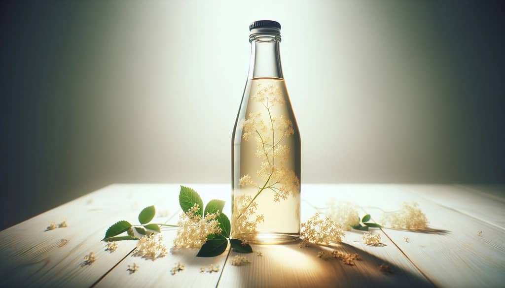 botol minuman keras bunga elderflower dan bunga