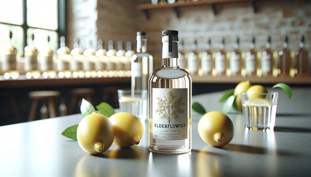 closeup of elderflower liqueur bottle and lemons