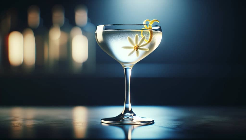 Elderflower Martini in a coupe glass with a lemon twist