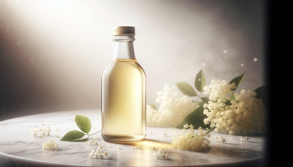 jarabe de flor de saúco en botella de vidrio