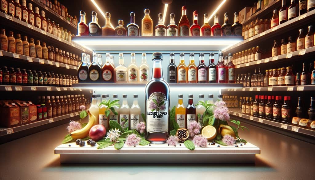 Flasche Holunderblütensirup im Supermarktregal