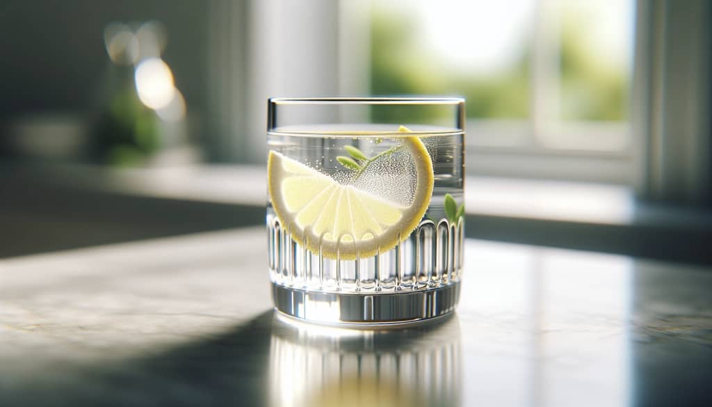 elderflower syrup in a glass with a lemon twist