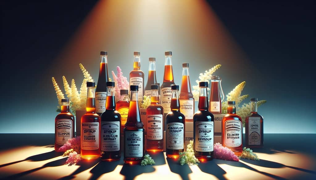 variety of elderflower syrup bottles from different brands sold online