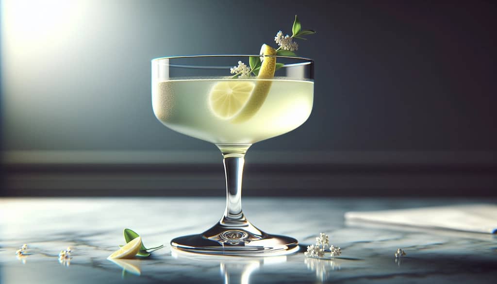elderflower vodka gimlet cocktail in a coupe