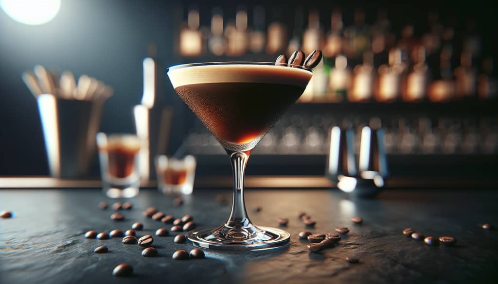 espresso martini in stemmed cocktail glass with coffee beans