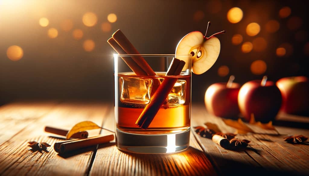 fall cocktail in a rocks glass with apple slice and cinnamon stick garnish