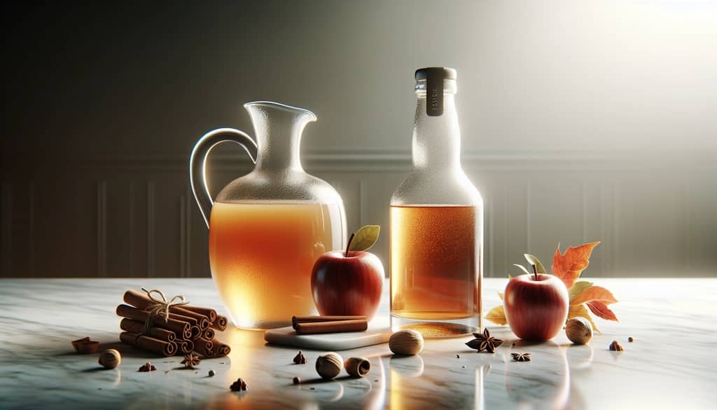 fall cocktail ingredients prepared on a marble bar top with fresh apple and spices