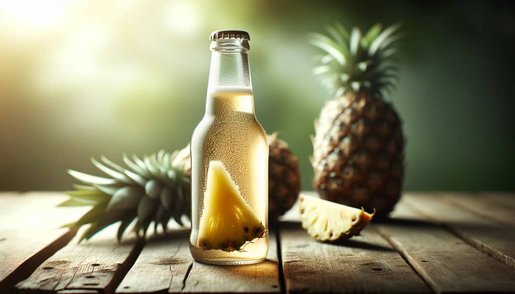 cerveza de jengibre fermentada con piña en botella de vidrio