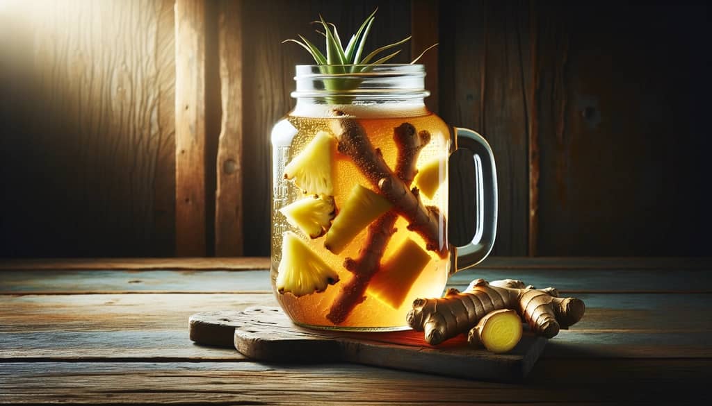 fermented ginger beer with pineapple in rustic jar with fresh ingredients