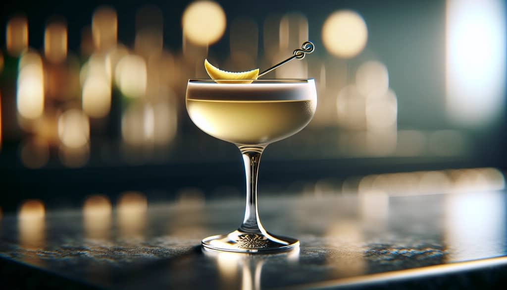 festive cocktail with metallic cocktail pick and citrus garnish