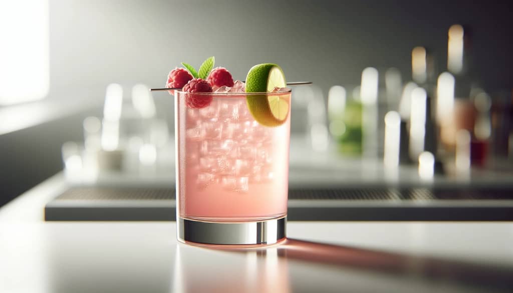 floradora cocktail with raspberry and lime garnish
