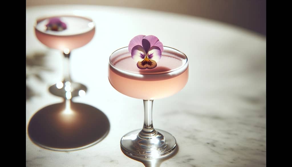floral cocktail with edible pansy garnish